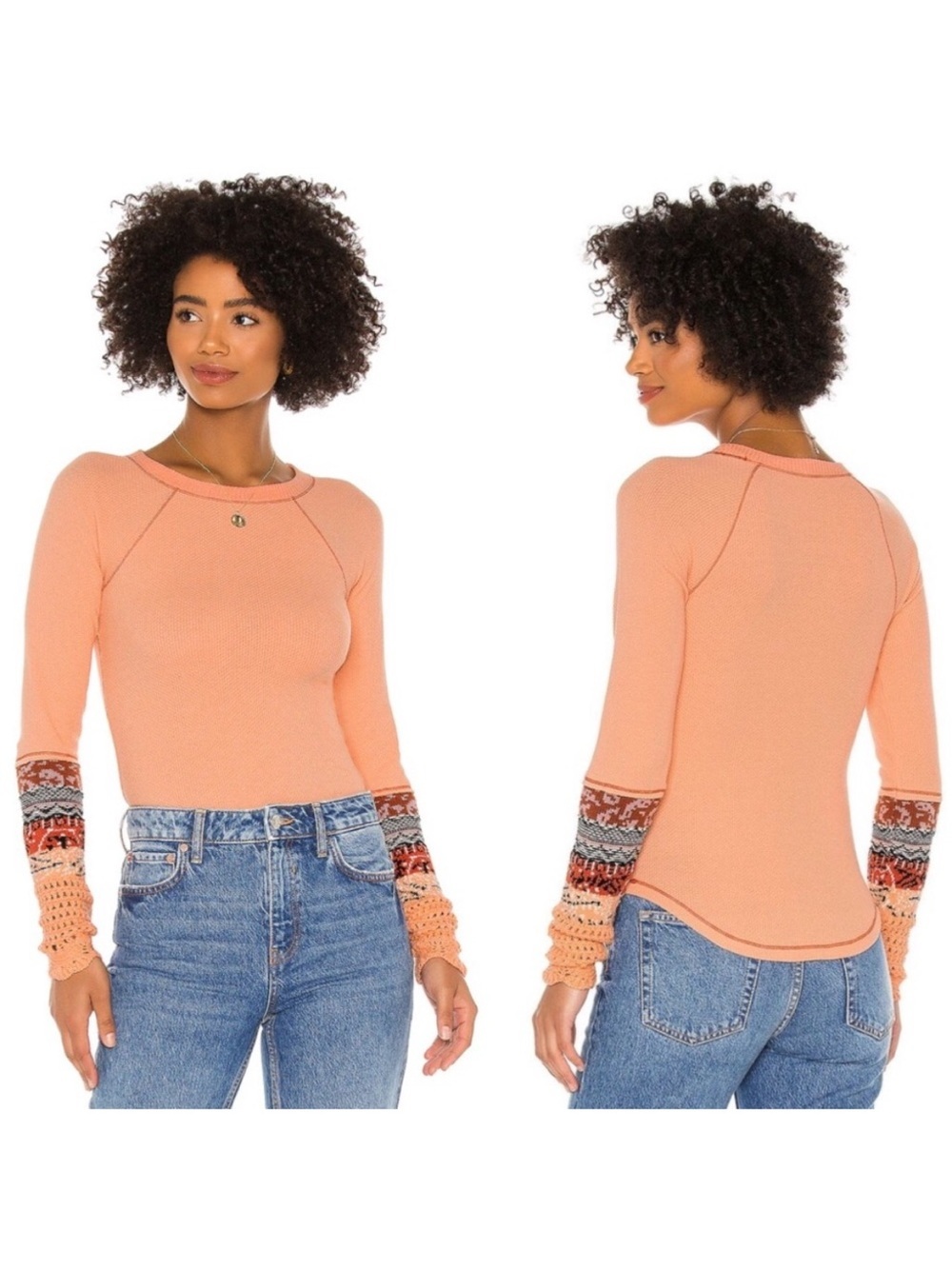 Free People In the Mix Cuff Crochet Knit Top Thermal Desert Orange Size Small